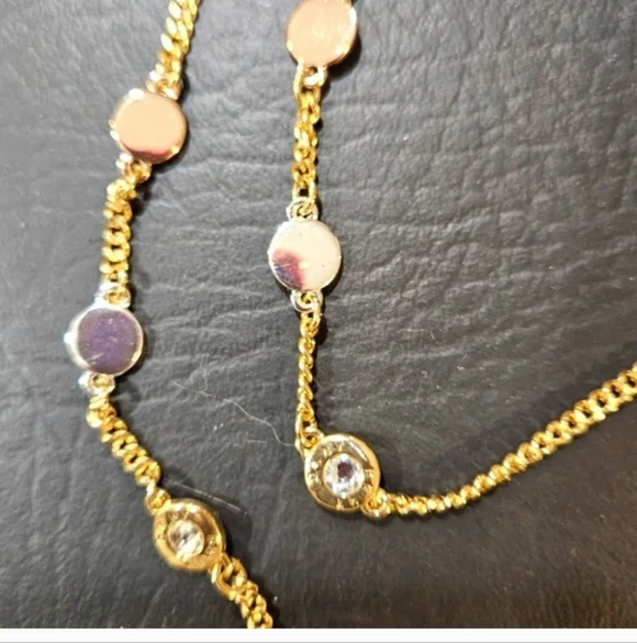 DKNY Tri Tone Crystal & Logo Disc 42" Statement Necklace - Picture 9 of 10